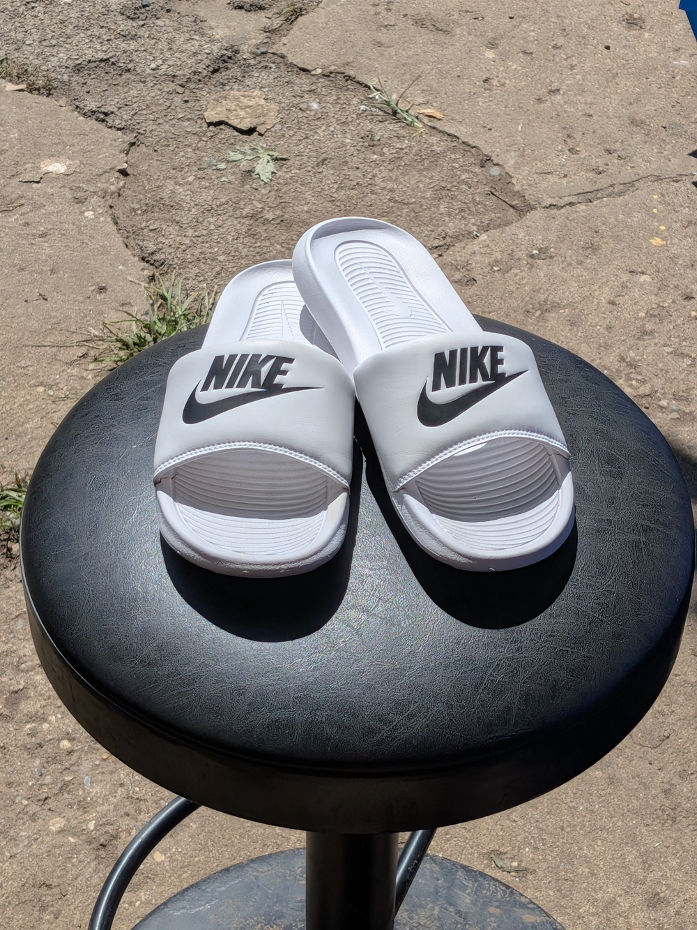 Nike Women's White Slide Sandals with Black Logo